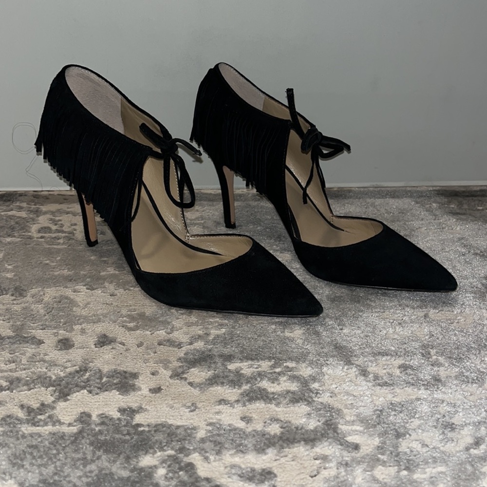Ann Taylor Black suede fringe heels